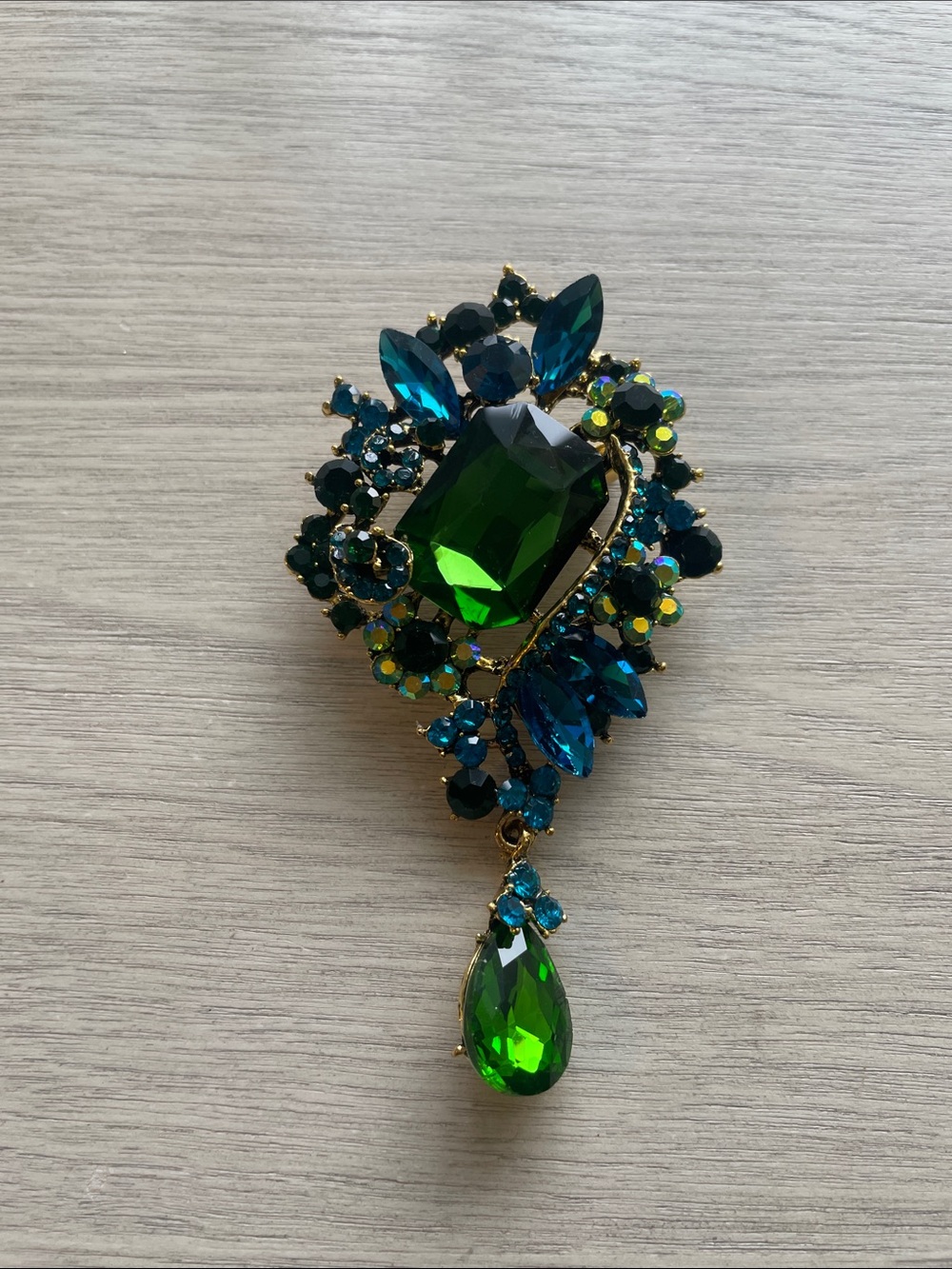 Green and Blue Crystal Drop Brooch - Women's Jewelry Gold Backing